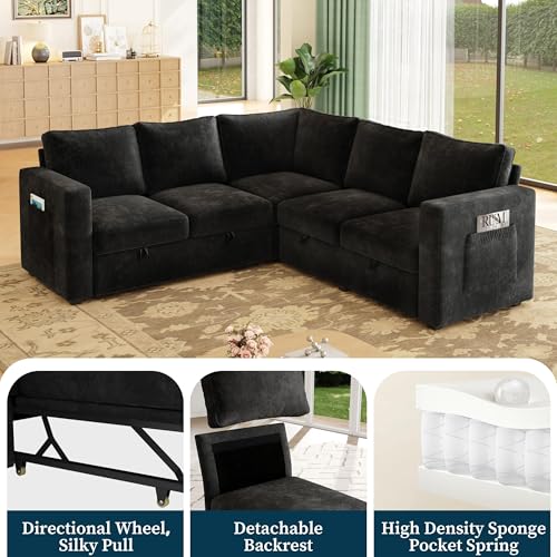 Image of Sectional Corduroy Sleeper Sofa with Pull Out Couc (Black, 5 Seat)