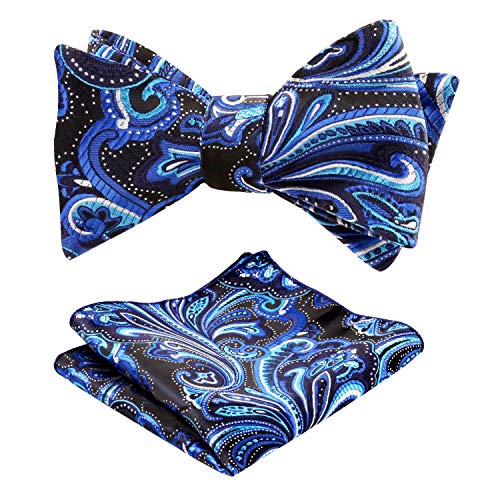 Alizeal Mens Novelty Floral Self-tied Bow Tie and Pocket Square Set, Black+Royal Blue+Turquoise