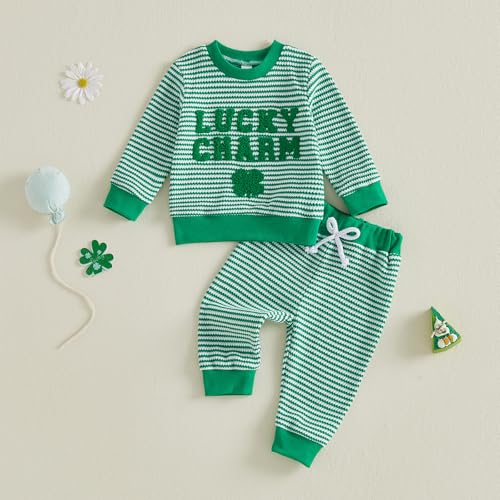 Image of Toddler Baby Boy St Patricks Day Outfit Infant Lucky Clover Sweatshirt Pants Set Little Kids Spring Warm Clothes