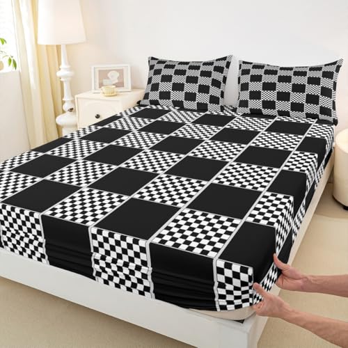 Image of Erosebridal Geometric Checkered Bedding Set Queen Black White Buffalo Plaid Bed Sheets Checkerboard Gingham Sheet Set Kids Boys Girls,Modern Fashion Grids Fitted Top Sheets 4 Piece
