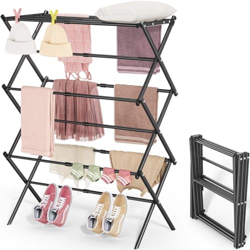 Image of JD FRESH 3-Tier Foldable Metal Clothes Drying Rack /Adjustable Wings for Indoor Outdoor Use and Dress Drying Stand /Easy to Move and Heavy Metal Laundry Organizer Stand (Black)