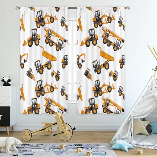 Image of Cinbloo Boys Construction Curtains 42Wx63L Inch Rod Pocket Cartoon Tractor Truck for Kids Bedroom Decor Bulldozer Child Nursery Toddler Excavator Art Printed Playroom Living Room Window Drapes 2 Panel