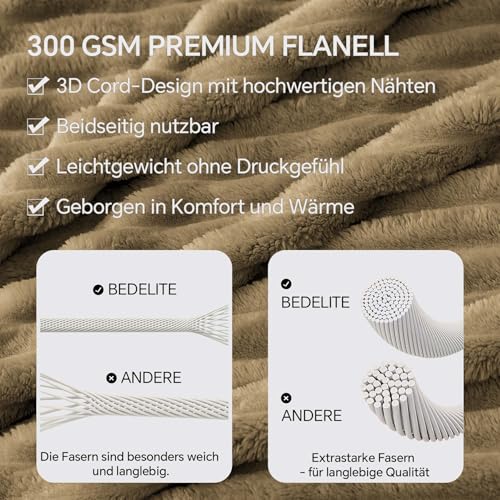 BEDELITE Kuscheldecke Flauschig Decke Klein - weiche Flanell Decken Braun 125x150 für Sofa, Deko Streifen Cord Fleecedecke als Sofaüberwurf für Wohnzimmer, Throw Blanket Wide Use