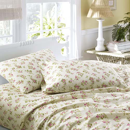 Image of Laura Ashley - Flannel Sheets Twin Size, Anti-Pilling & Wrinkle Resistant Cotton, Touchably Soft for All-Season Comfort - Bed Sheets with Matching Pillowcase & Fitted Sheet (Audrey Pink)