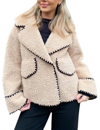 Kissonic Women's Winter Casual Sherpa Jacket Fuzzy Sherpa Fleece Coats Long Sleeve Spliced Lapel Loose Outwear