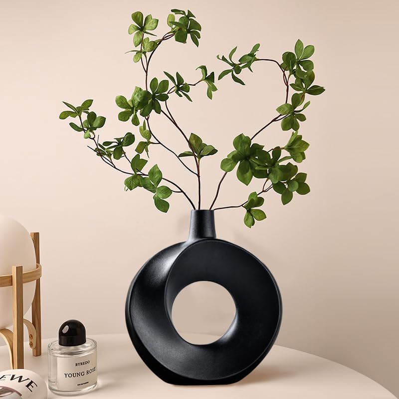 Miniatura 4 de Juego de 2 jarrones de cerámica negra, jarrones de flores de dona mate para decoración moderna del hogar, jarrones decorativos de estilo bohemio