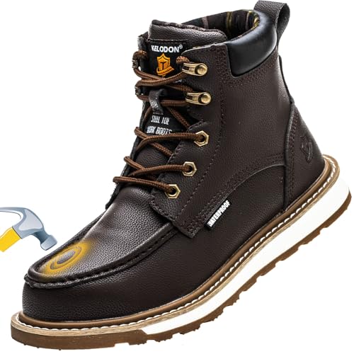 KELODON Waterproof Steel Toe Boots For Men-6″ Leather Moc Toe Winter Warm Work Boots Mens Steel Toe Shoes Indestructible Non Slip Resistant Construction Safety Boot