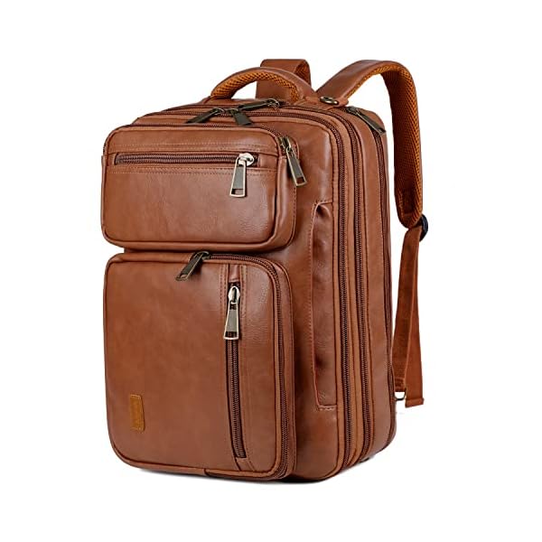 Baosha Vegan Leather Laptop Backpack Briefcase Hybrid 15.6 Inch Laptop Travel Backpack Hiking College Backpack for Men BC-04 (Brown)