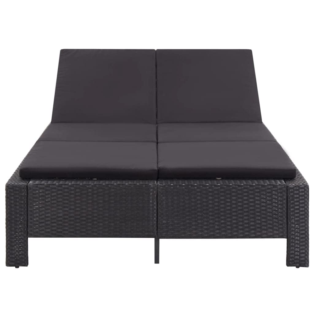 Leżak do opalania dla 2 osób, czarny rattan PE, 220 x 130 x 35 cm, malowany proszkowo stalowy stelaż, regulowany, do ogrodu, na balkon, taras, basen