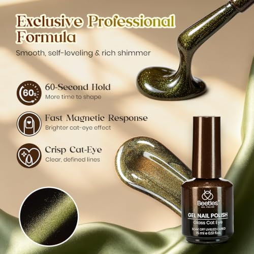 Image of Beetles Pistachio Latte Cat Eye Gel Polish - Brown Base Green Magnetic Glow | 15ml Fall Brown Cat Eye Gel Green Magnetic, Glass Shimmer Effect Soak Off UV Nail Polish for DIY Nail Art Salon Manicures