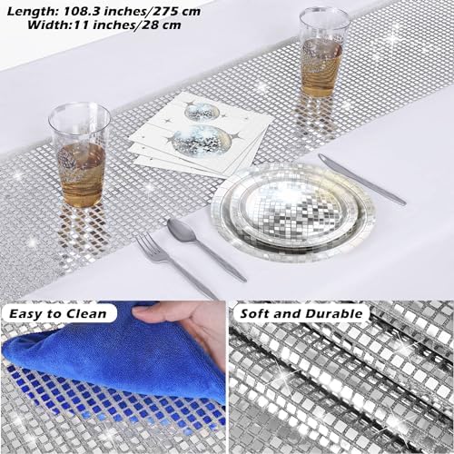 durony 351 Pieces 70s 80s Disco Party Supplies Silver Disco Ball Paper Plates Cups Disco Cocktail Napkins Plastic Cutlery Disco Party Table Runner for Disco Bachelorette Party Decorations(Serves 50) 4 51NUAK gRVL. AC