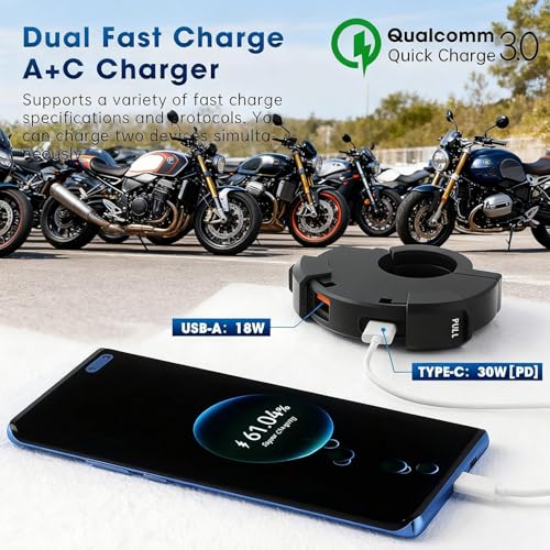 48W Motorrad-USB-Ladegerät, 2-Port (QC3.0 18W + PD3.0 30W), IP65, 12-24V USB-C-Steckdose – Schnellladung für Reise & Abenteuer/Alltag/Outdoor – Kompatibel mit Handy/GPS/Kamera