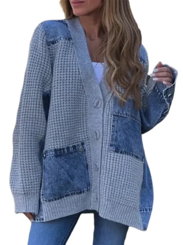 Women’s Trendy Fall Cardigan Sweaters Button Up Denim Jacket Long Sleeve Color Block Jean Cardigans Coats