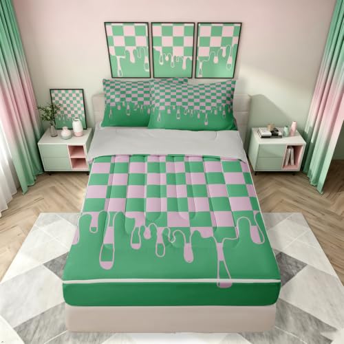 Image of Pink and Green Checkered Twin Zip Up Bedding with Deep Pocket Fitted Sheet,Non-Slip Checkerboard Drip Comforter Set for Kids,Secure Fit Cool Aesthetic Funky Geometric Bed in a Bag with Pillow Covers