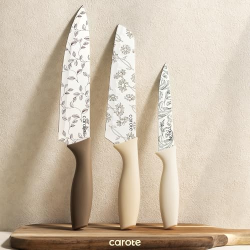 CAROTE 12PCS Knife Set, Kitchen Knife Set with 6 Blade Guards, Stainless Steel Knives Set With Nonstick Ceramic Coating, Rustproof, Delicate Floral Designs, White - Image 8