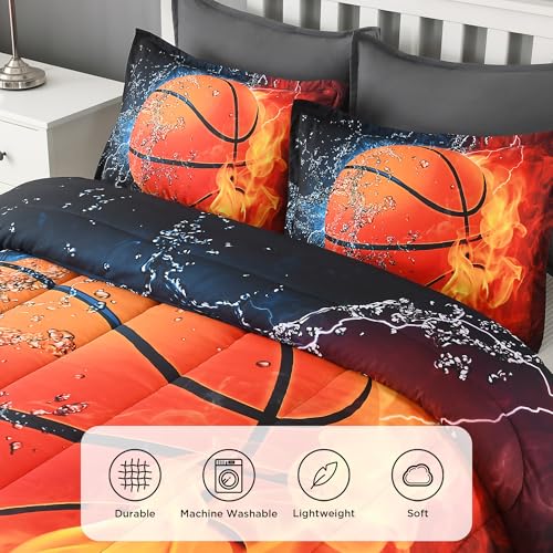 Image of Andency Basketball Comforter Queen(90x90 Inch), 3 Pieces(1 Basketball Comforter, 2 Pillowcases) Sport Microfiber Comforter Set Bedding Set for Kids Boys Girls Teens