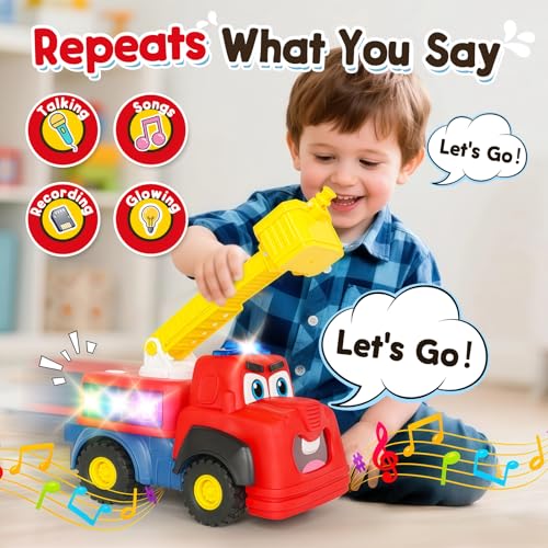 Image of Interactive Talking Fire Truck Toy for Toddlers 1-3, Musical Toy with Realistic Sirens & Sounds & Lights, Recording Repeating Learning Toy, Car Toddler Toys for 2 Year Old Boy Girl Birthday Gifts