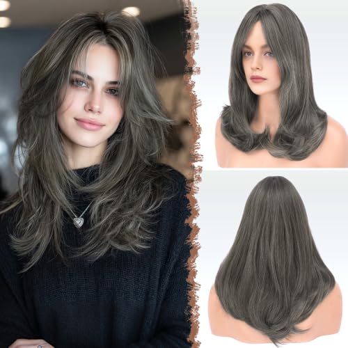FESHFEN Grey Wigs with Curtain Bangs Medium Length Layered Wig for Women