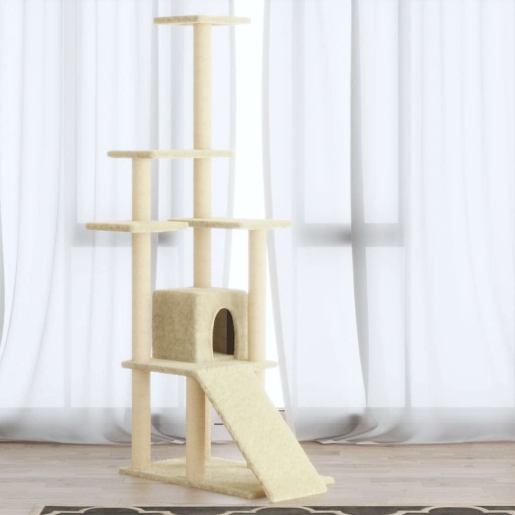 Kratzbaum 155 cm Kletterbaum mit Sisalstamm und Höhle Creme | Stabiler Kletterturm fürs Wohnzimmer mitAussichtsplattform, Rampe und gemütlicher Katzenhöhle aus Plüsch.