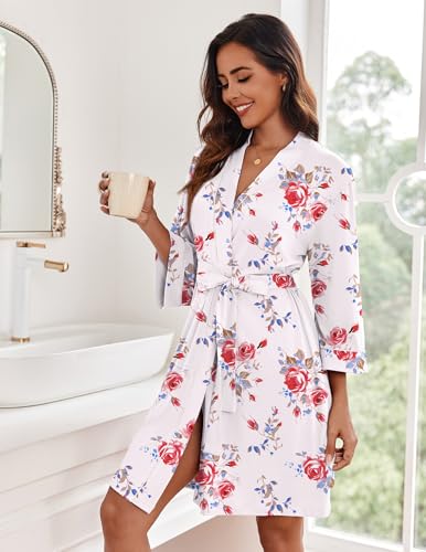 Image of Ekouaer Women Kimono Robes Knee Length Knit Bathrobe Lightweight Soft Sleepwear V-neck Casual Ladies Loungewear
