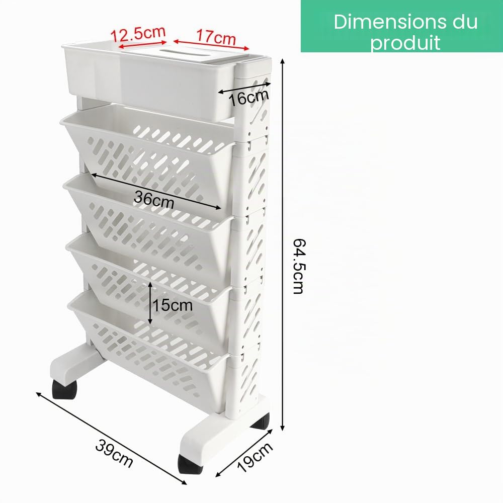 LANSKYLAN Chariot à roulettes Plastique, Chariot Bibliothèque Mobile, Desserte Roulante à 5 Niveaux, Étagère Rangement Roulette Blanche, Chariot à Livres Gain de Place, pour Chambre Bureau Cuisine