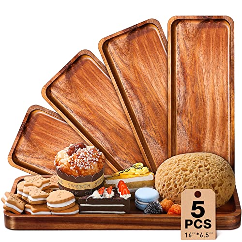 5 Pack Solid Acacia Wood Serving Trays, Rectangular Wooden Serving Board for Food Appetizer Serving Tray Plates for Vegetables Fruit Charcuterie Cheese Platters Home Kitchen Decor (16 x 6.5 Inch)