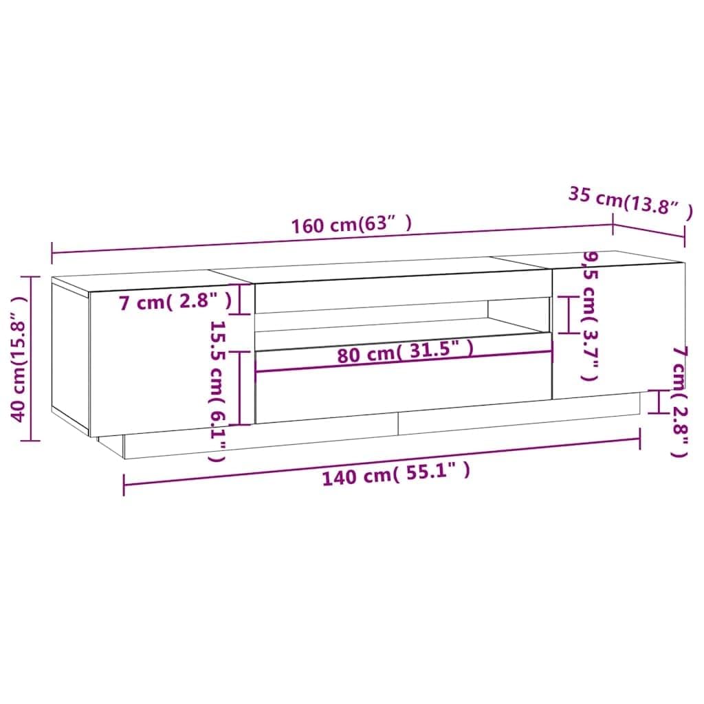 vidaXL Mueble de TV con Luces LED, Blanco, 160x35x40 cm, Madera de ingeniería, Soporte para televisores hasta 70", Mueble bajo con estantes, Consola Moderna para salón