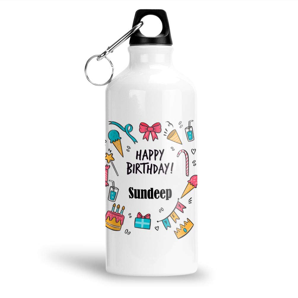 FurnishFantasy Aluminium White Sipper Bottle 600 ML - Best Gift for Happy Birthday, Name - Sundeep