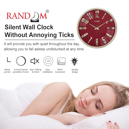 Image of RANDOM Silent Wall Clock, Non-Ticking Quartz Movement, Foiling Ring and 3D Numbers (Red)