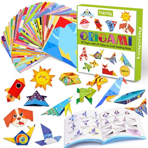 hapray Color Origami Paper for Kids, Origami Kit, 108 Sheets 6 Inch Double Sided Origami with 54 Projects, 55 Pages Guiding Origami Book, for Craft Lessons, Beginners, Children Gift