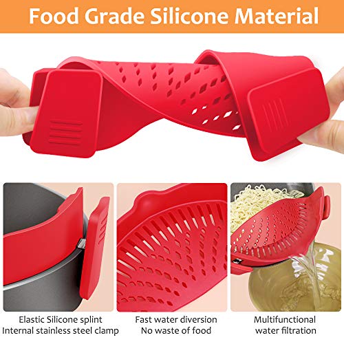 Yevior Clip On Strainer For Pots Pan Pasta Strainer, Silicone Food Strainer Hands-Free Pan Strainer, Clip-On Kitchen Food Strainer For Spaghetti, Pasta, Ground Beef Fits All Bowls And Pots - Red #TOP2