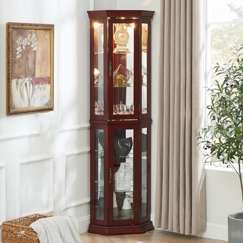 Lighted Display Cabinet Corner Curio Cabinet with Glass Doors,Wood Corner Curio Cabinet with Adjustable Shelves and Mirrored Back Panel,Curio Showcase Floor Stand Collection Art Display Case (Cherry)