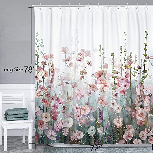 Sumgar Pink Flower Shower Curtain Colourful Wildflower Blossom Floral Shower Curtains For Bathroom, Polyester Fabric Cloth Washable Decorative Long Shower Curtain Sets With Hooks,72X78 Inch #TOP4