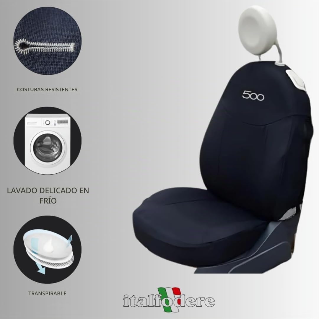 Italfodere - Fundas para Asientos de Coche Delanteros y Traseros - Compatibles con Fiat 500 - Hechas a Mano - Algodón - Espuma de Goma - Poliéster - Accesorios para Interior de Coche - Fabricado en