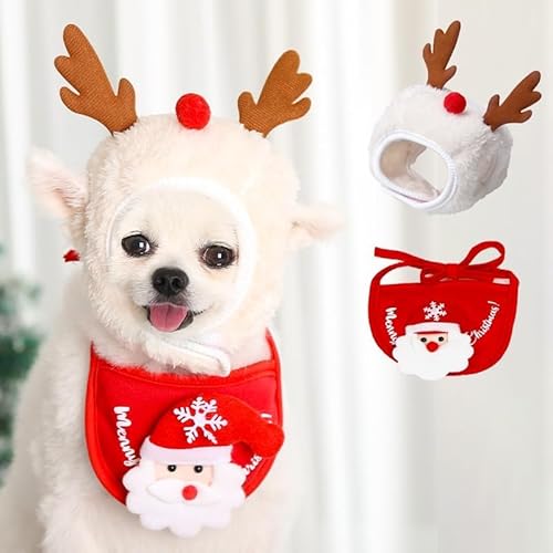 LANWHO 【2個セット】 【帽子+よだれタオル】犬用 猫用 クリスマス サンタ コスチューム サンタコス コスプレ 服 犬 猫 犬服 猫服 ペット服 ドッグウェア 着ぐるみ Xmas 小型犬 冬 変身 可愛い あったか 防寒 散歩 簡単着脱 (レッド
