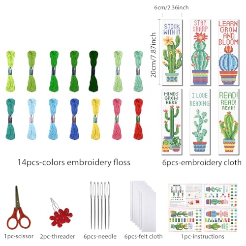 Image of FREEBLOSS 6 Set Cross Stitch Bookmark Kits Cactus Potted Plant Pattern Stamped Cross Stitch Kit 11CT Embroidery Kit with Instructions for Beginners 20x6cm /8x2.4inch