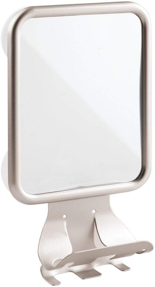 mDesign Large Modern Metal Suction Shaving Mirror Center for Bathroom Showers and Tubs - Holders for Shaving Cream and Razors - Satin : Beauty & Personal Care