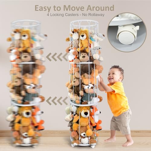 Image of Stuffed Animal Storage Zoo, Metal Plushies Toy Storage Organizer, Tube Stuffed Animal Holder with Brake Wheels, Space Saving Plush Toy Holder for Playroom Bedroom Nursery (White)