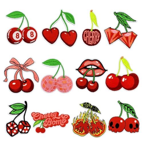 12PCS Cherry Iron on Patches Sew Iron on Applique Embroidered Patches, Cute Fruit Cherry Bomb Iron on Patches for Clothing, Bags, Hats, Jackets, Jeans, Accessory Craft, DIY Christmas Decoration