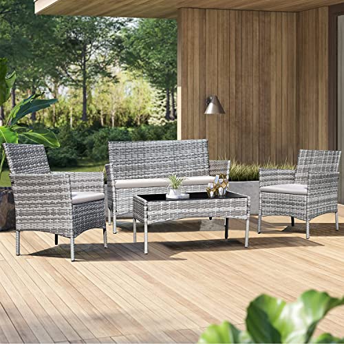 Image of Homall 4 Pieces Outdoor Patio Furniture Sets Rattan Chair Wicker Set,Outdoor Indoor Use Backyard Porch Garden Poolside Balcony Furniture (Grey and Beige)