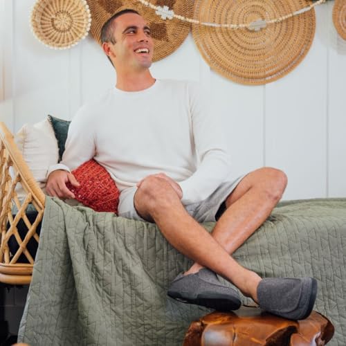 Image of OluKai Moloa Hulu Men's Wool-Blend Slippers, Soft & Heathered Knit Slip On Shoes, Suede Leather Foxing, Drop-In Heel Design