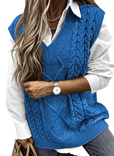 Image of EVALESS Oversized Sweater Vest for Women V Neck Sleeveless Cable Knit Tops