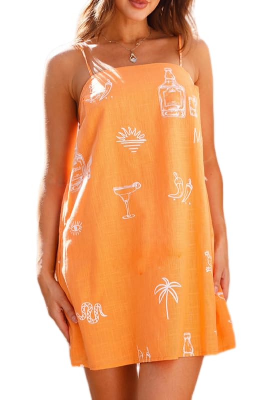 Image of ROAONOCOMO Women Boho Graffiti Cami Mini Dress Spaghetti Strap Printed A Line Short Dress Cute Colorful Sundress
