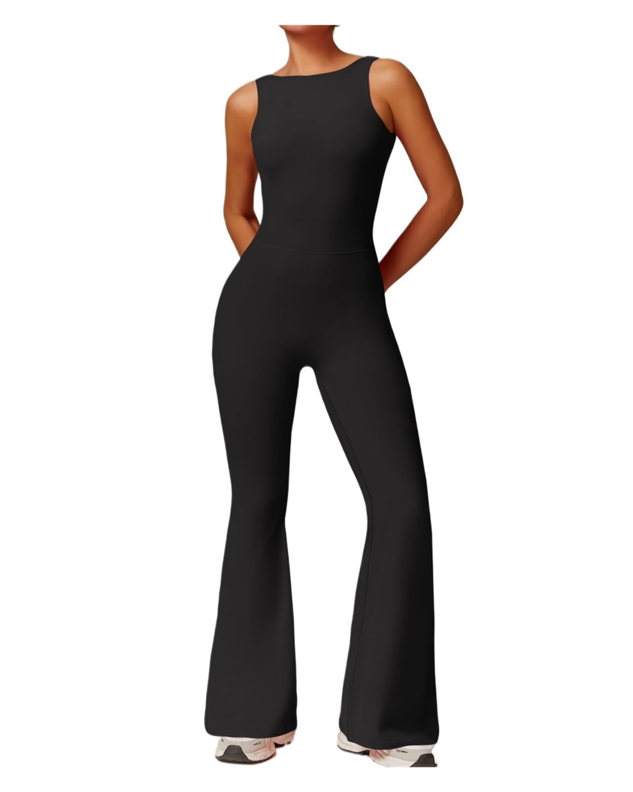 Mono de yoga sexy sin espalda for mujer, pantalones anchos acampanados, traje deportivo sin mangas, levantamiento de glúteos, cintura elástica, gimnasio, pilates y fitness. Para Entrenamiento, Yoga y