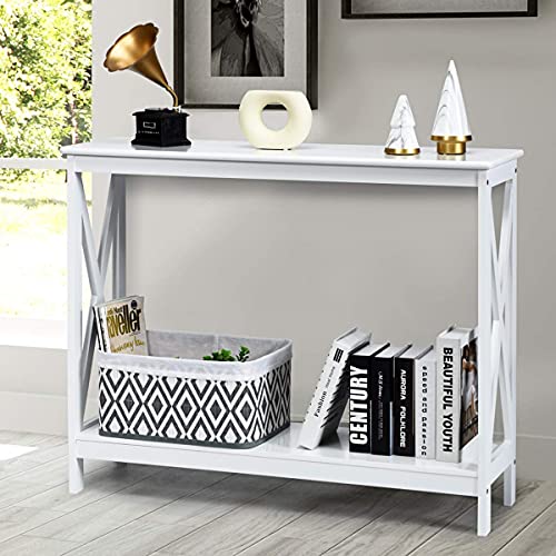 Giantex-Console-Table-2-Tier-with-Storage-ShelfX-Design-Bookshelf-Narrow-Accent-Table-for-Entryway-Hallway-Living-Room-Sofa-Side-Table-White
