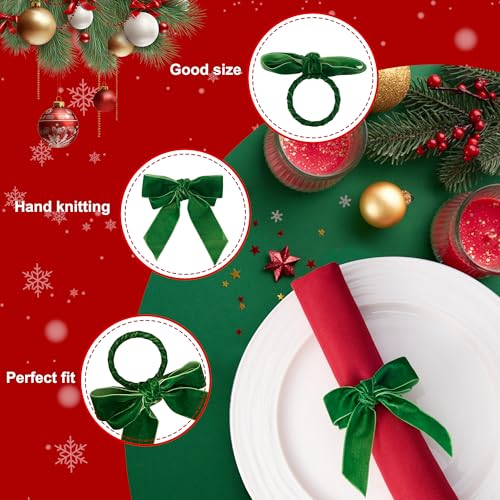 Aptwow CBNR Christmas Napkin Rings Set Of 12 - Green Bow Velvet Napkin Holders, Chic Xmas Holiday Napkin Rings thumb #3