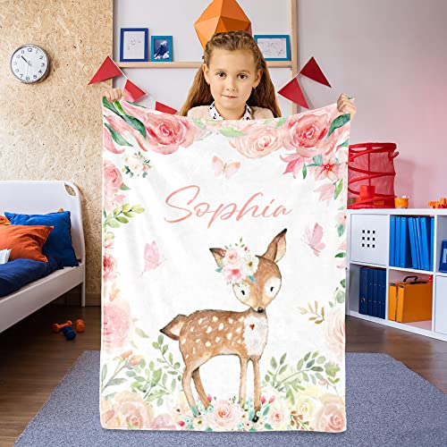 Image of Personalized Deer Blanket with Name for Girls Custom Name Blanket for Teens
