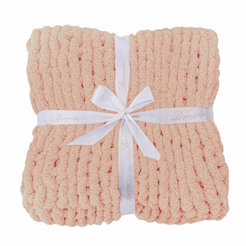 Bigacogo Chunky Knit Throw Blanket for Couch, 40x60 inches, 100% Hand Knitted with Thick Jumbo Chenille Yarn, Cozy Soft Large Rope Knot Cable Crochet Blankets for Sofa Bed Living Room, Peach Fuzz