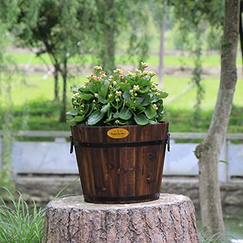 Hemoton Medium Garden Wooden Effect Barrel Planter, Outdoor Half Whiskey Cask Flower Pot, Indoor Rustic Patio Grow Plant Container #TOP5