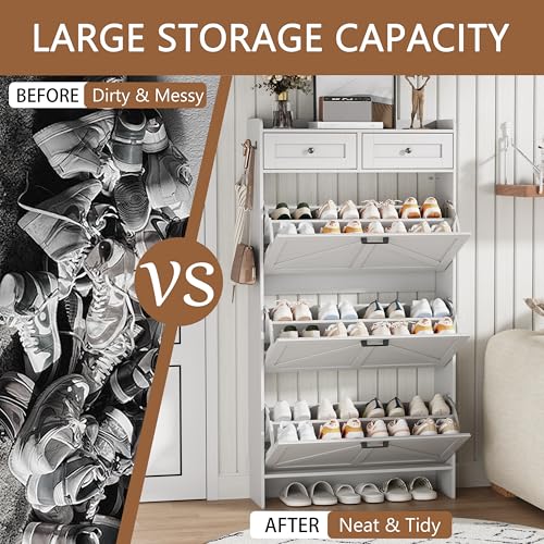 Image of Shoe Cabinet with 3 Flip Drawers & 2 Top Drawers, 57 inch Tall Freestanding Narrow Wooden Shoe Storage Organizer for Entryway, Hidden Slim Shoe Rack for Front Door Entrance, Hallway, Living Room, White